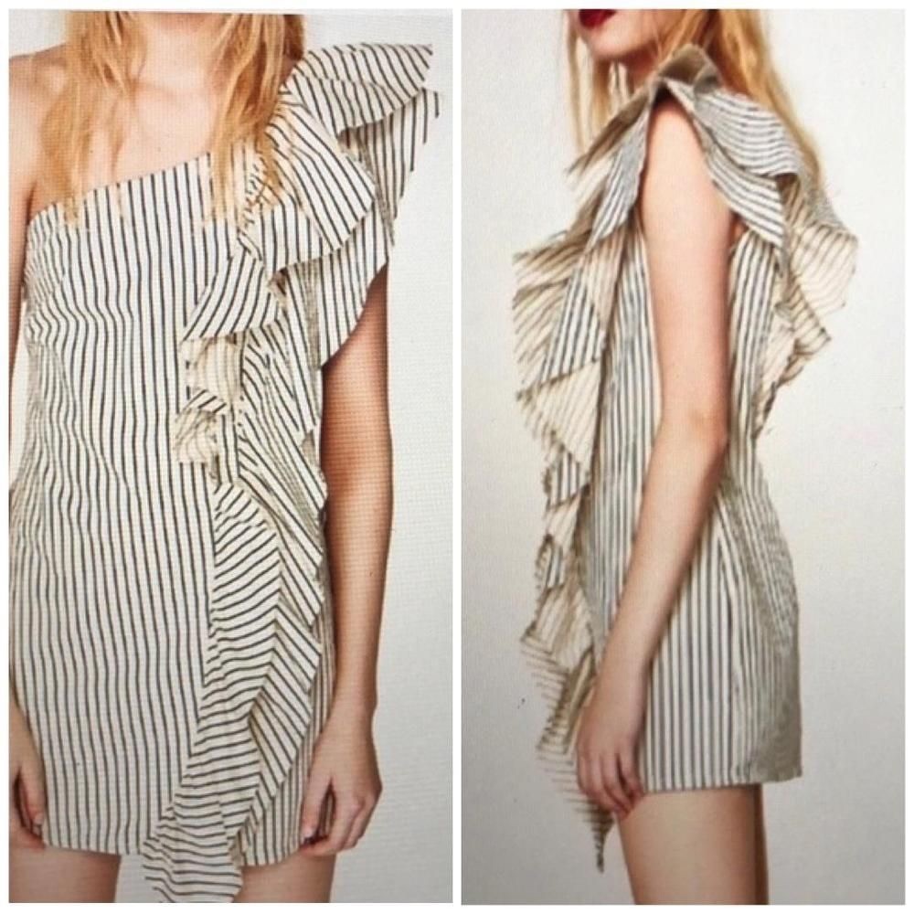 NWT asymmetric stripe denim ruffle mini dress